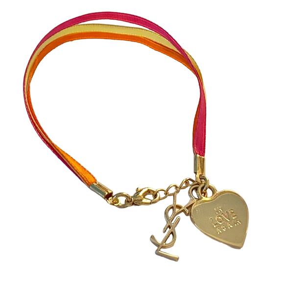 M VTG YSL Yves Saint Laurent In Love Again Gold Heart Logo Charm Ribbon Bracelet - Picture 10 of 16